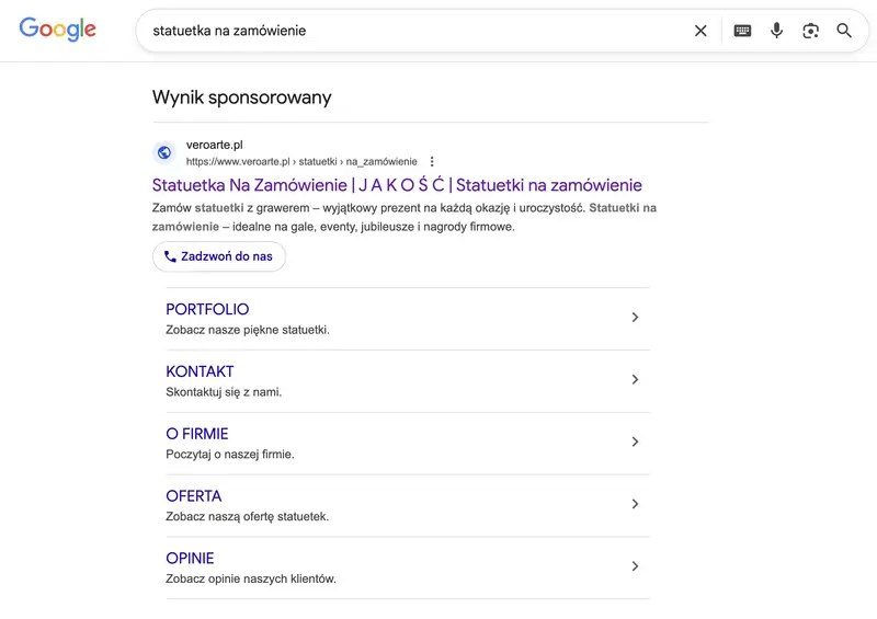 Kampania linków sponsorowanych czyli Google Ads dla producenta statuetek na zamówieni